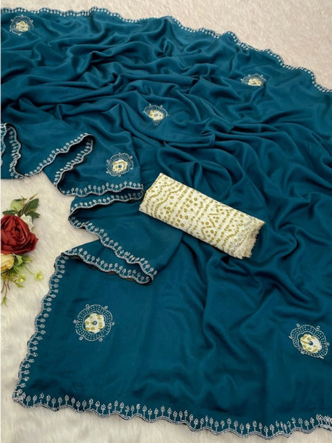 Women's Chiffon Butti Dotted Saree With Unstitched Blouse 5.5Mtr (Blue)