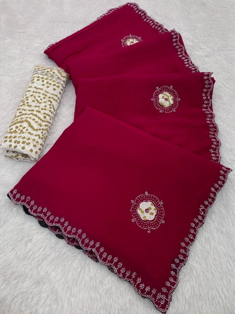 Women's Chiffon Butti Dotted Saree With Unstitched Blouse 5.5Mtr (Pink)