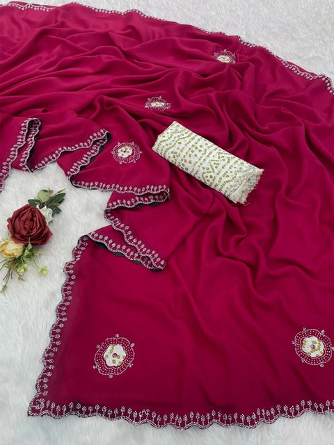 Women's Chiffon Butti Dotted Saree With Unstitched Blouse 5.5Mtr (Pink)