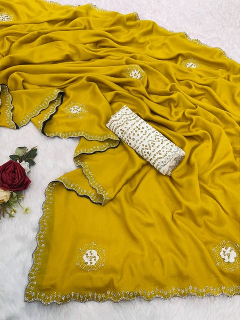 Women's Chiffon Butti Dotted Saree With Unstitched Blouse 5.5Mtr (Yellow)