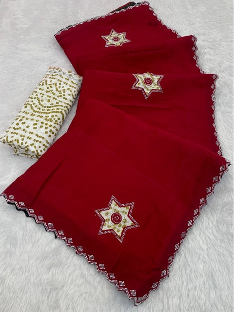 Women's Chiffon Butti Dotted Saree With Unstitched Blouse 5.5Mtr (Red)