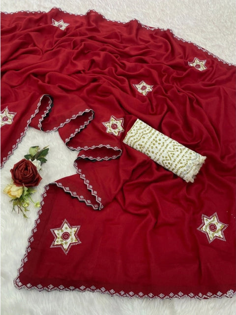 Women's Chiffon Butti Dotted Saree With Unstitched Blouse 5.5Mtr (Red)
