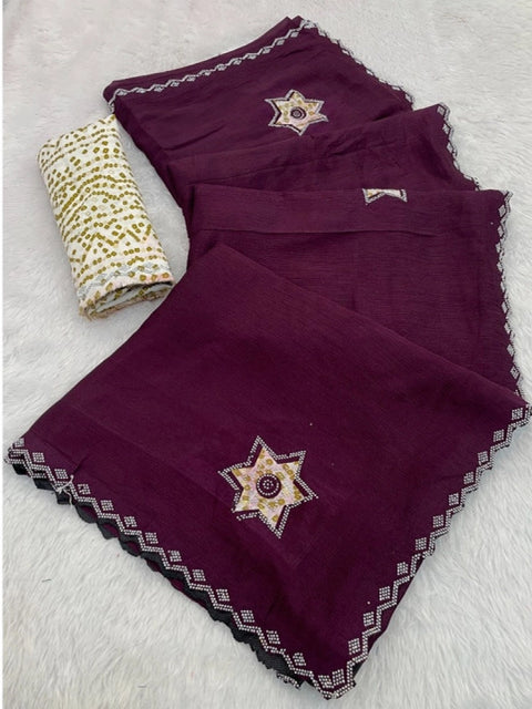 Women's Chiffon Butti Dotted Saree With Unstitched Blouse 5.5Mtr (Wine)