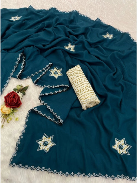 Women's Chiffon Butti Dotted Saree With Unstitched Blouse 5.5Mtr (Blue)