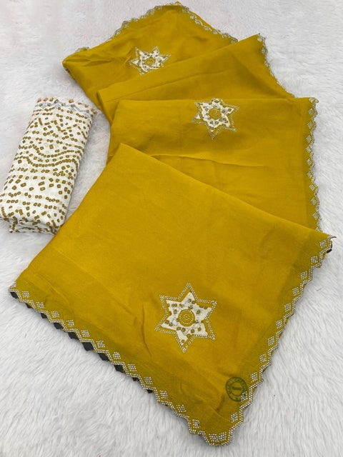 Women's Chiffon Butti Dotted Saree With Unstitched Blouse 5.5Mtr (Yellow)