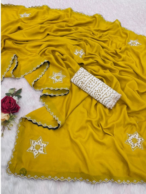 Women's Chiffon Butti Dotted Saree With Unstitched Blouse 5.5Mtr (Yellow)