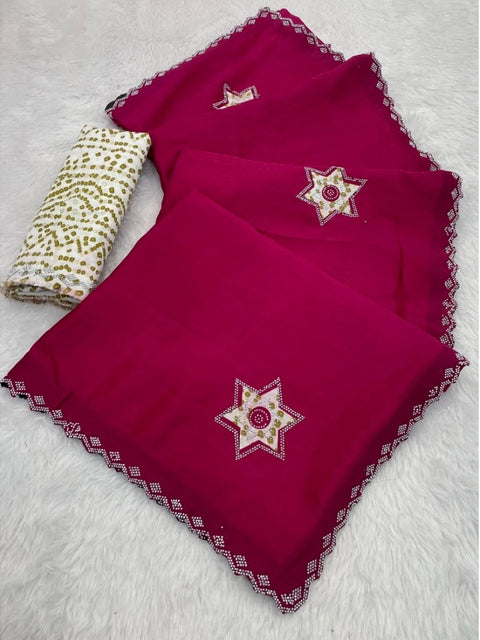 Women's Chiffon Butti Dotted Saree With Unstitched Blouse 5.5Mtr (Pink)