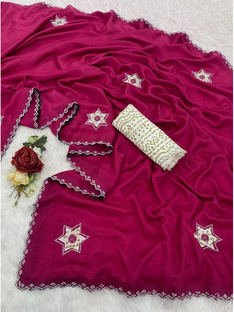 Women's Chiffon Butti Dotted Saree With Unstitched Blouse 5.5Mtr (Pink)
