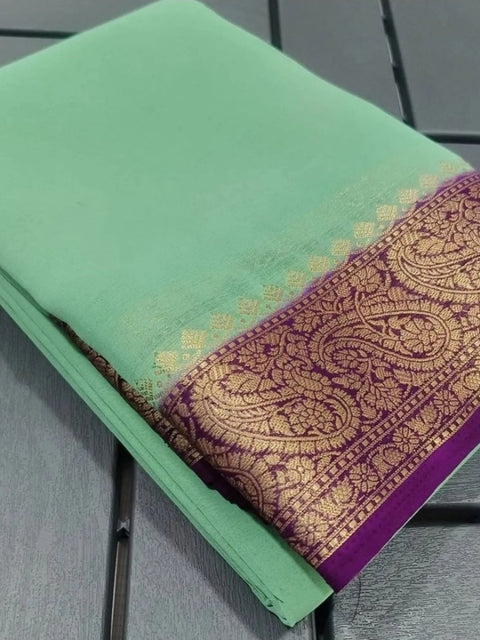 Women's Crepe Chit Pallu Solid Saree With Unstitched Blouse 5.5Mtr (Light Green)