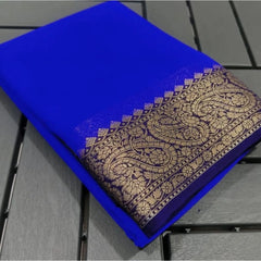 Generic Women's Crepe Chit Pallu Solid Saree With Unstitched Blouse 5.5Mtr (Navy Blue)