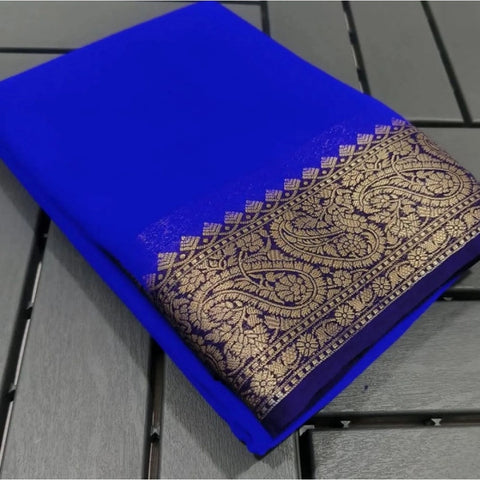 Generic Women's Crepe Chit Pallu Solid Saree With Unstitched Blouse 5.5Mtr (Navy Blue)