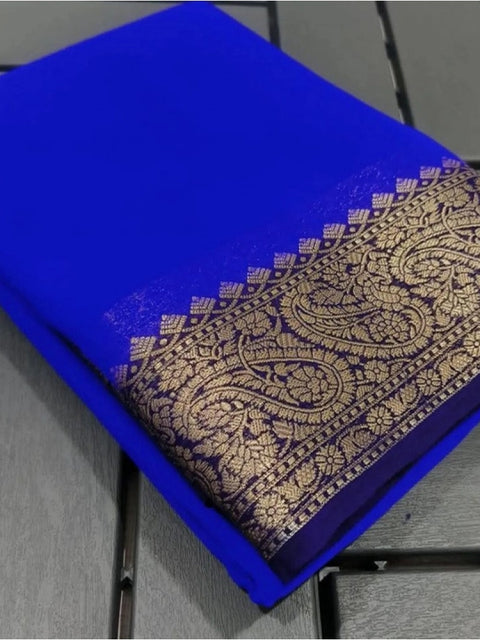 Women's Crepe Chit Pallu Solid Saree With Unstitched Blouse 5.5Mtr (Navy Blue)
