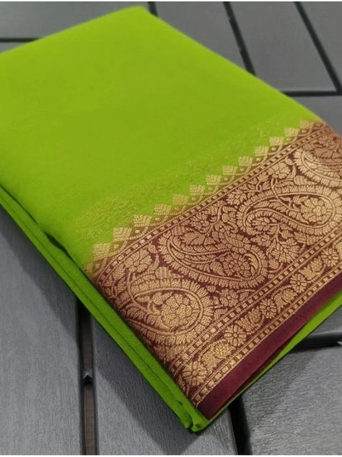 Women's Crepe Chit Pallu Solid Saree With Unstitched Blouse 5.5Mtr (Green)