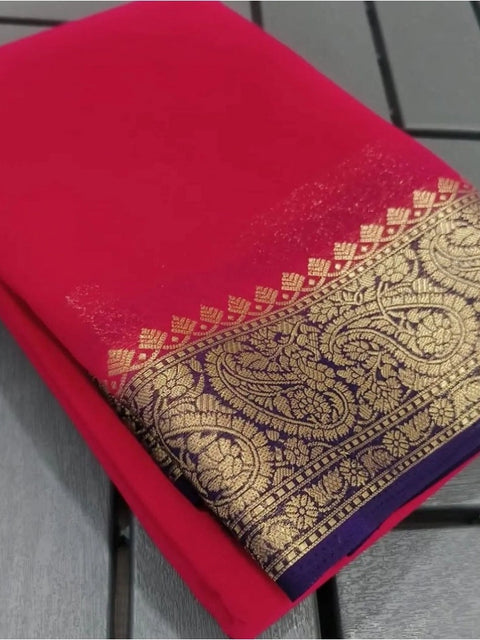 Women's Crepe Chit Pallu Solid Saree With Unstitched Blouse 5.5Mtr (Red)