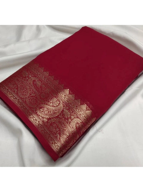 Women's Crepe Chit Pallu Solid Saree With Unstitched Blouse 5.5Mtr (Maroon)