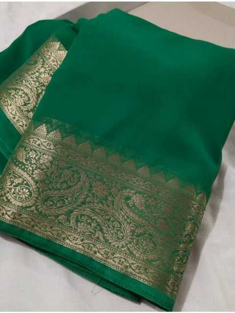 Women's Crepe Chit Pallu Solid Saree With Unstitched Blouse 5.5Mtr (Green)