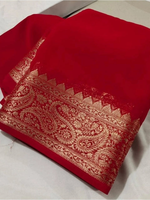 Women's Crepe Chit Pallu Solid Saree With Unstitched Blouse 5.5Mtr (Red)
