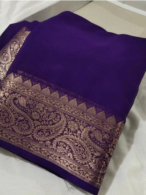 Women's Crepe Chit Pallu Solid Saree With Unstitched Blouse 5.5Mtr (Purple)