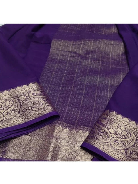 Women's Crepe Chit Pallu Solid Saree With Unstitched Blouse 5.5Mtr (Purple)