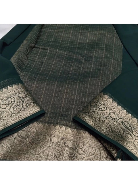 Women's Crepe Chit Pallu Solid Saree With Unstitched Blouse 5.5Mtr (Bottle Green)