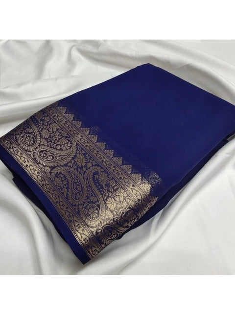 Women's Crepe Chit Pallu Solid Saree With Unstitched Blouse 5.5Mtr (Blue)