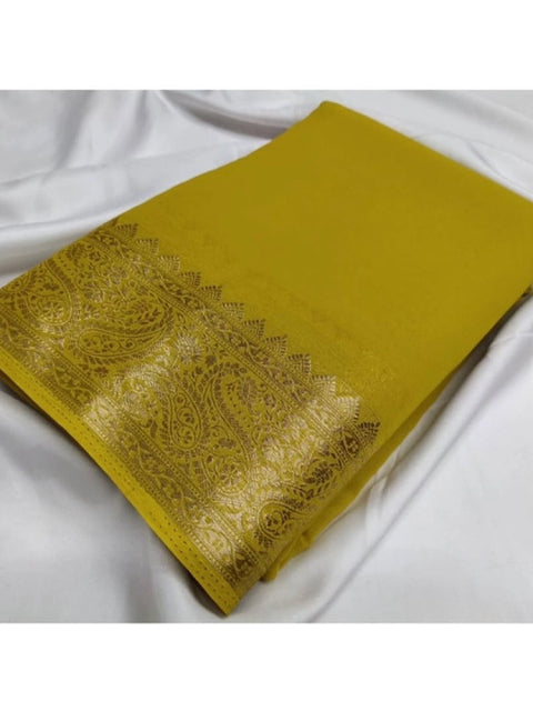 Women's Crepe Chit Pallu Solid Saree With Unstitched Blouse 5.5Mtr (Mustard Yellow)