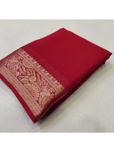 Women's Crepe Chit Pallu Solid Saree With Unstitched Blouse 5.5Mtr (Red)