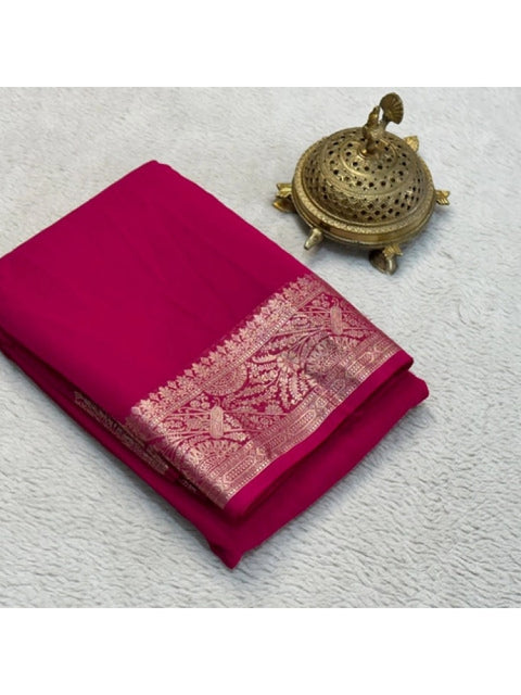 Women's Crepe Chit Pallu Solid Saree With Unstitched Blouse 5.5Mtr (Pink)