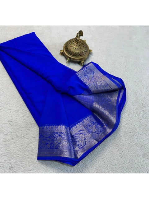 Women's Crepe Chit Pallu Solid Saree With Unstitched Blouse 5.5Mtr (Navy Blue)