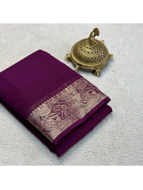 Women's Crepe Chit Pallu Solid Saree With Unstitched Blouse 5.5Mtr (Purple)