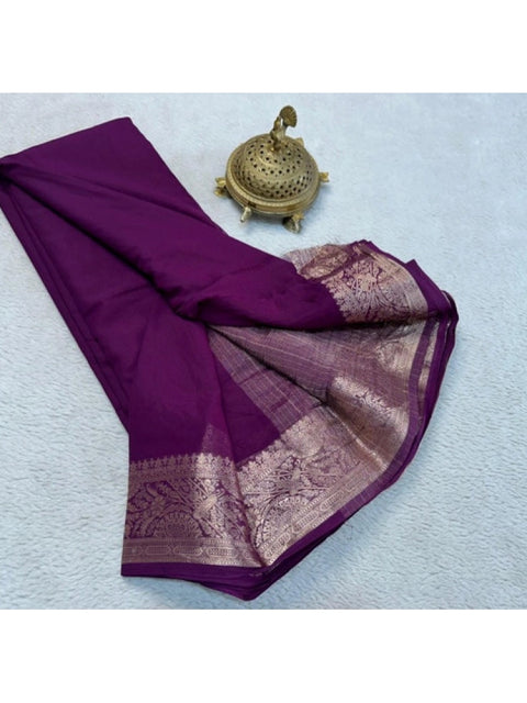 Women's Crepe Chit Pallu Solid Saree With Unstitched Blouse 5.5Mtr (Purple)