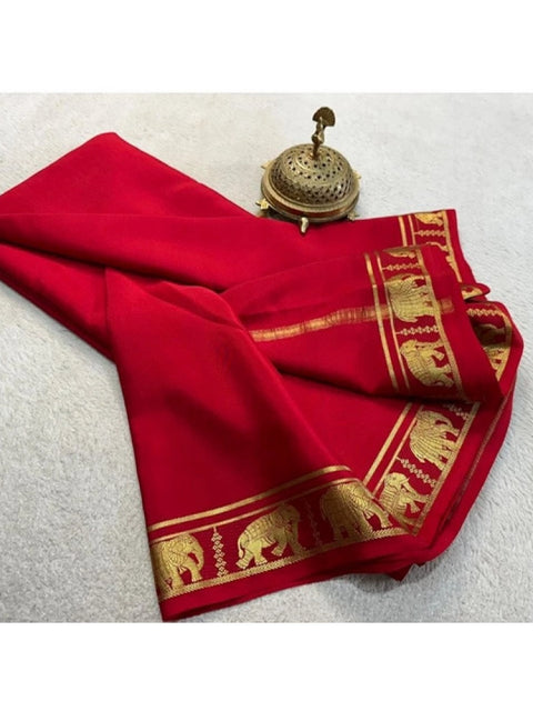 Women's Crepe Chit Pallu Solid Saree With Unstitched Blouse 5.5Mtr (Red)