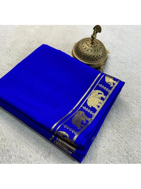 Women's Crepe Chit Pallu Solid Saree With Unstitched Blouse 5.5Mtr (Navy Blue)