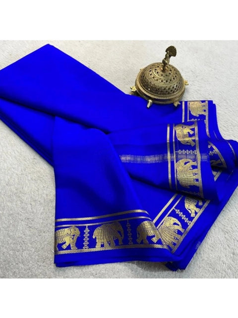 Women's Crepe Chit Pallu Solid Saree With Unstitched Blouse 5.5Mtr (Navy Blue)