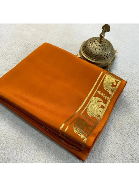 Women's Crepe Chit Pallu Solid Saree With Unstitched Blouse 5.5Mtr (Orange)