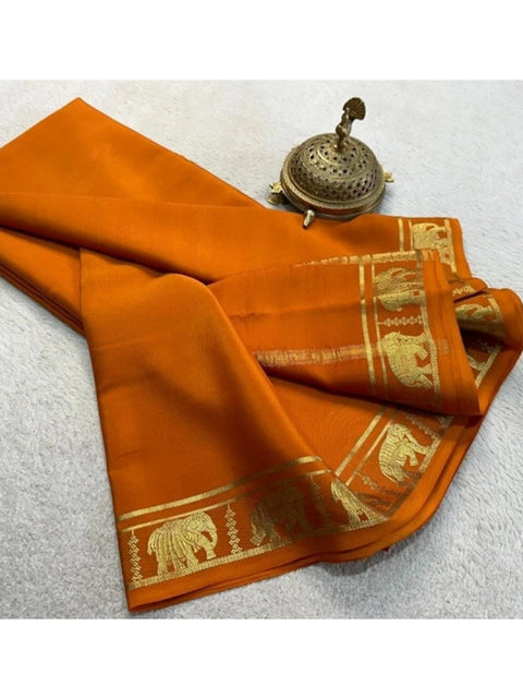 Women's Crepe Chit Pallu Solid Saree With Unstitched Blouse 5.5Mtr (Orange)