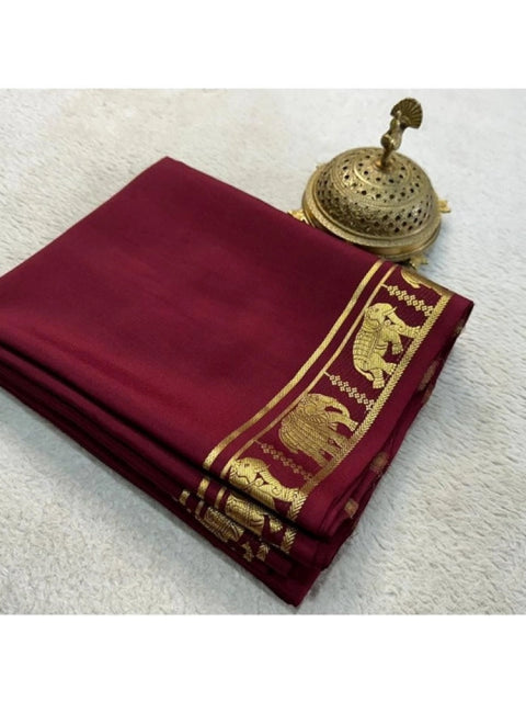 Women's Crepe Chit Pallu Solid Saree With Unstitched Blouse 5.5Mtr (Maroon)