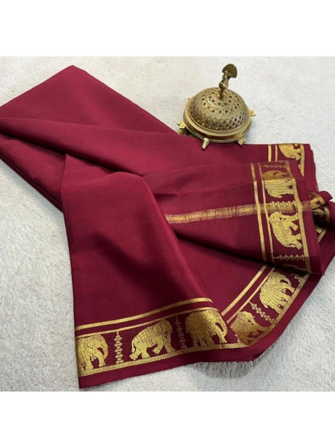 Women's Crepe Chit Pallu Solid Saree With Unstitched Blouse 5.5Mtr (Maroon)