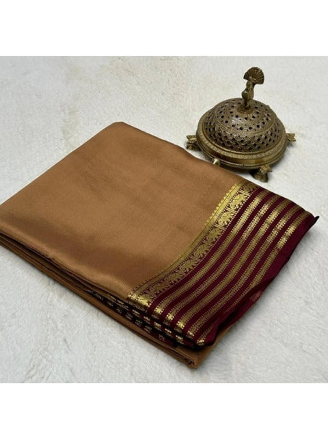 Women's Crepe Chit Pallu Solid Saree With Unstitched Blouse 5.5Mtr (Beige)