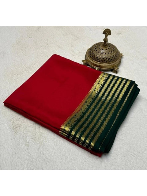 Women's Crepe Chit Pallu Solid Saree With Unstitched Blouse 5.5Mtr (Red)