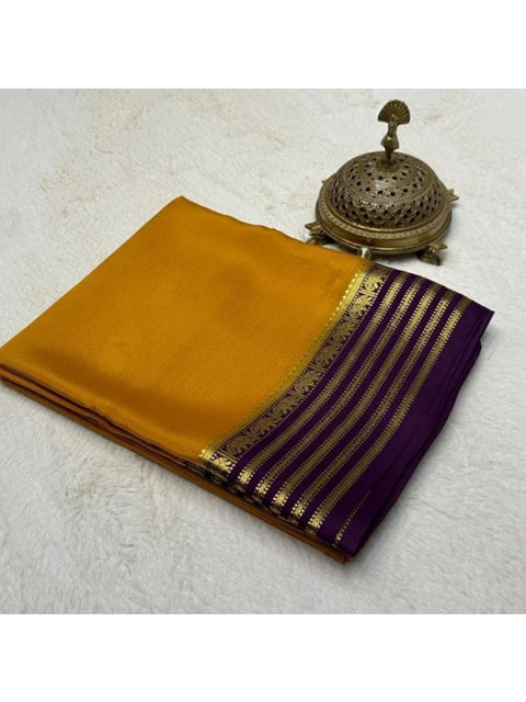 Women's Crepe Chit Pallu Solid Saree With Unstitched Blouse 5.5Mtr (Gold)