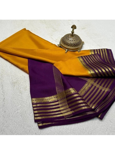 Women's Crepe Chit Pallu Solid Saree With Unstitched Blouse 5.5Mtr (Gold)