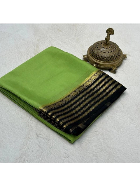 Women's Crepe Chit Pallu Solid Saree With Unstitched Blouse 5.5Mtr (Green)