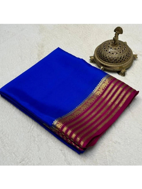 Women's Crepe Chit Pallu Solid Saree With Unstitched Blouse 5.5Mtr (Navy Blue)