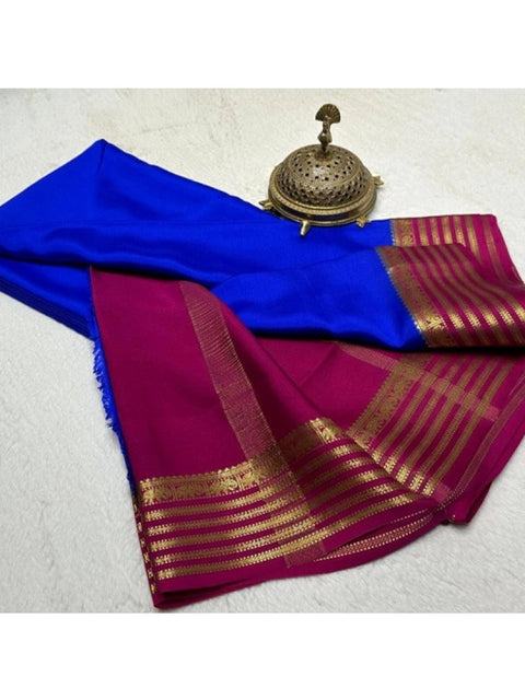 Women's Crepe Chit Pallu Solid Saree With Unstitched Blouse 5.5Mtr (Navy Blue)