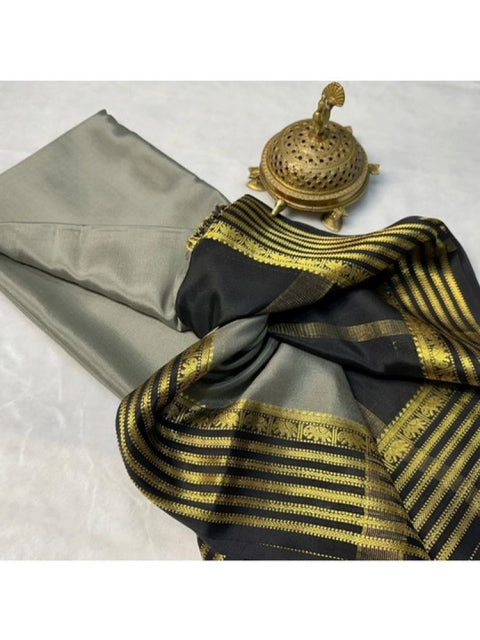 Women's Crepe Chit Pallu Solid Saree With Unstitched Blouse 5.5Mtr (Gray)