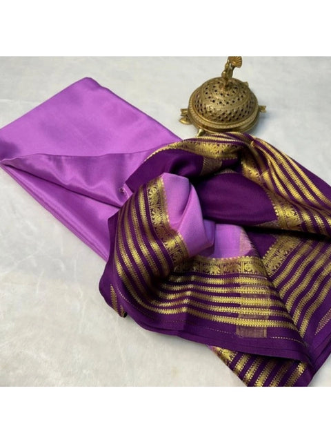 Women's Crepe Chit Pallu Solid Saree With Unstitched Blouse 5.5Mtr (Dark Purple)