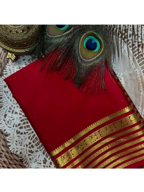 Women's Crepe Chit Pallu Solid Saree With Unstitched Blouse 5.5Mtr (Red)