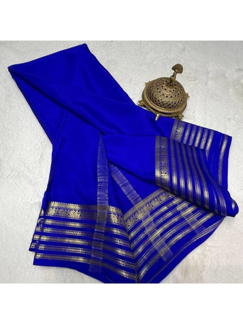 Women's Crepe Chit Pallu Solid Saree With Unstitched Blouse 5.5Mtr (Blue)