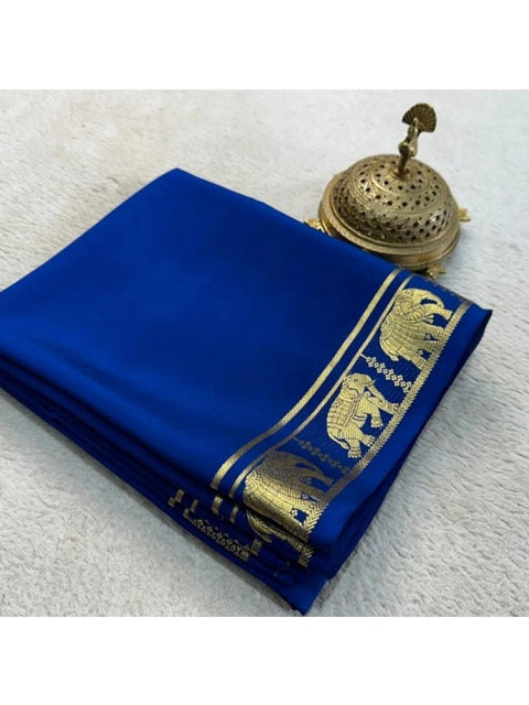 Women's Crepe Chit Pallu Solid Saree With Unstitched Blouse 5.5Mtr (Navy Blue)